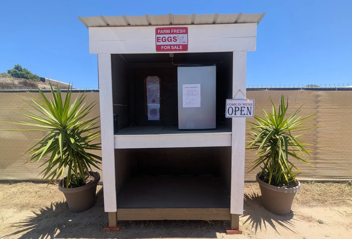 The white and brown self-serve Golden Ski Ranch farm egg stand with a refrigerator