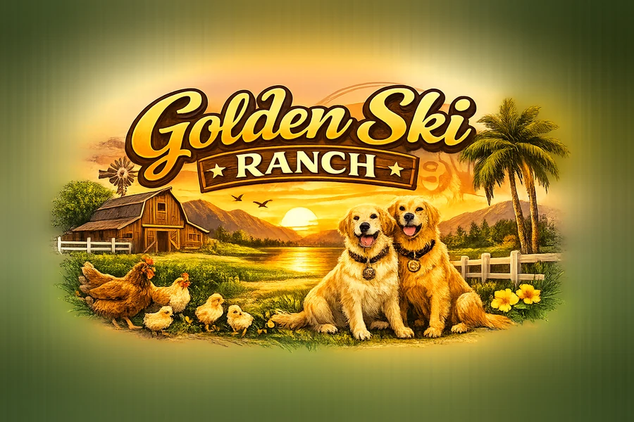 Golden Ski Ranch logo with Golden Retrievers, chickens, barn, sunset, and palm trees